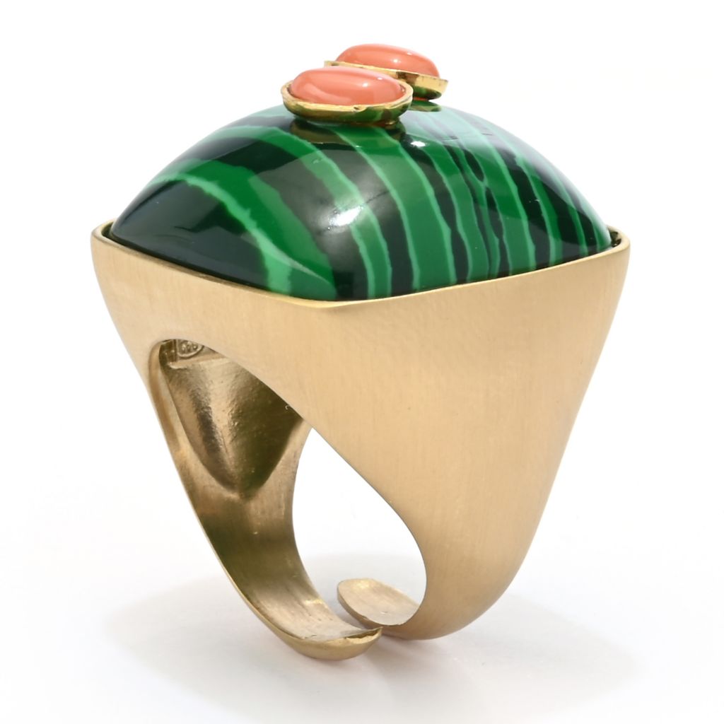 Bello Italiano 18K Gold Plated 23mm Malachite & Rose Coral Statement Ring