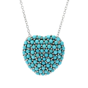 Platinum Plated Campitos Turquoise Pave Puffy Heart Pendant w/ Chain