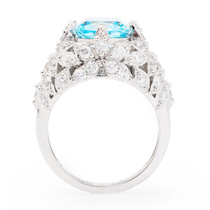 Brilliante Platinum Plated 4.32 DEW Simulated Aquamarine & Diamond Ring