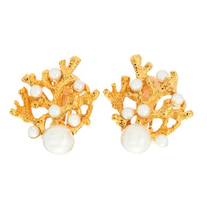 Kenneth Jay Lane 22K Gold Plated Simulated Pearl Coral Reef Clip On Button Earrings