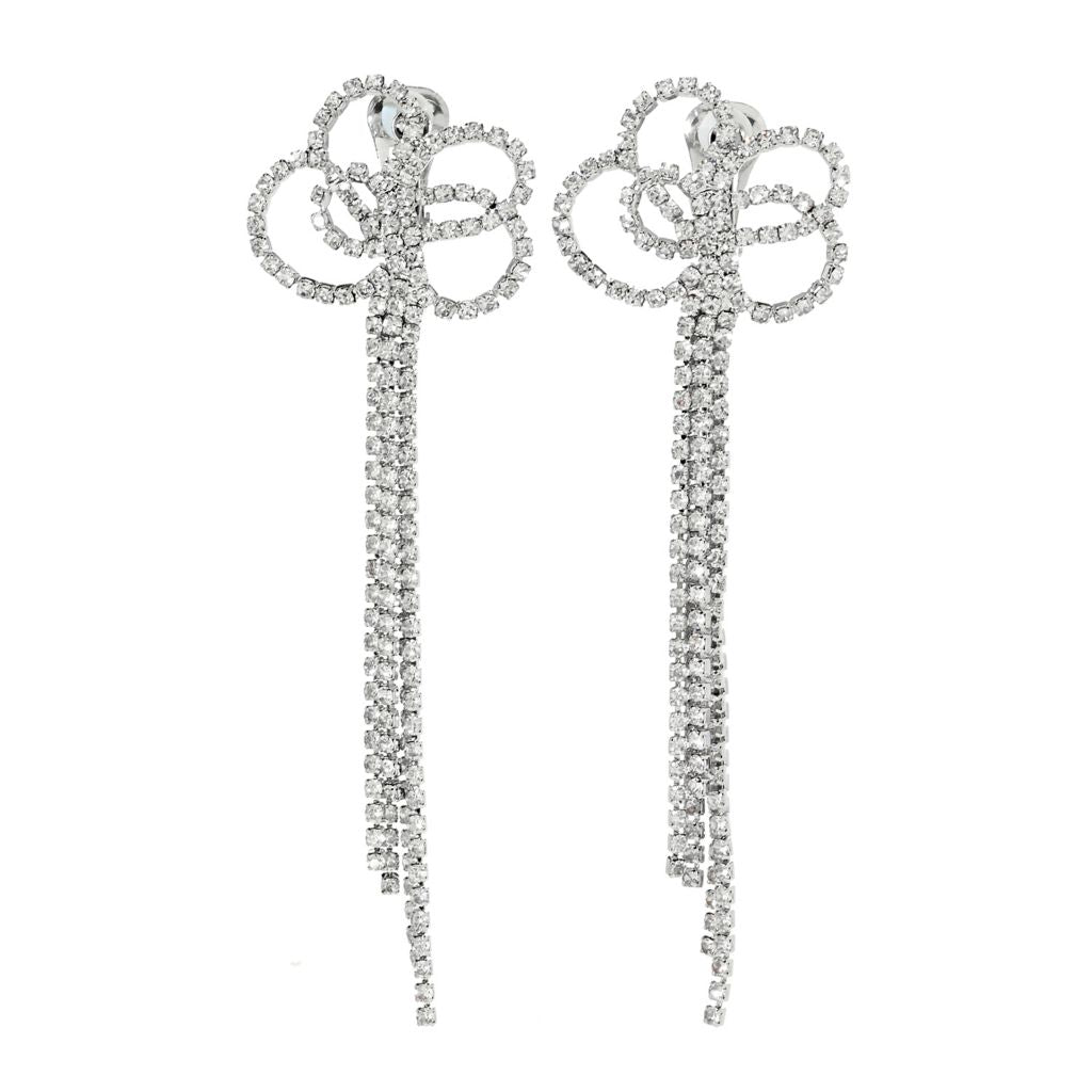 Kenneth Jay Lane Crystal Bow Duster Post or Clip-on 4.5" Drop Earrings