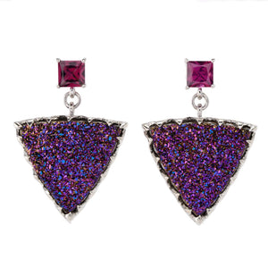MUSE Sterling Silver 18mm Triangle Pink Drusy & Gem Stud Drop Earrings