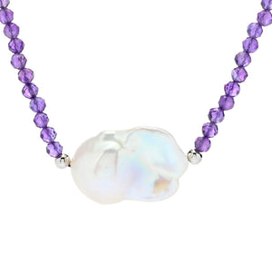 Platinum Plated 20x15mm Baroque Cultured Pearl & Gem Faceted Bead Necklace