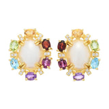 18K Gold Plated 10x8mm Oval Cultured Mabe Pearl & Multi Gem Stud Earrings