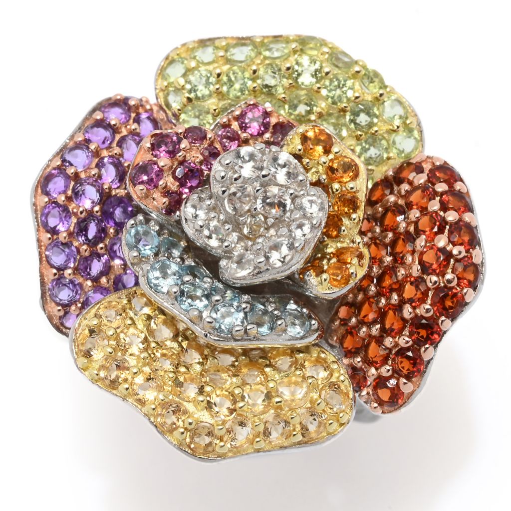 18K Gold & Platinum Plated 4.92ctw Multi Gem Blooming Flower High Set Ring