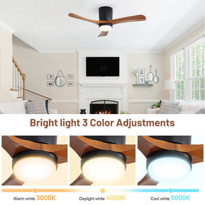 Ceiling Fan With Light, Dimmable 3 Color LED, 1 / 4 / 8H Timer, Silent For Bedroom - Matte Black