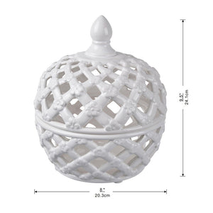 Ceramic Lidded Jar With Lattice Design - White