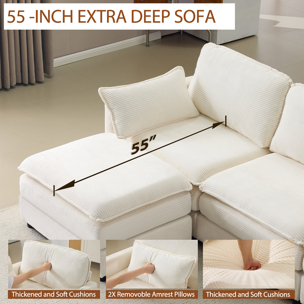 104" Plush Cloud 3 Seater Sofa: Modular Design with Ottoman
