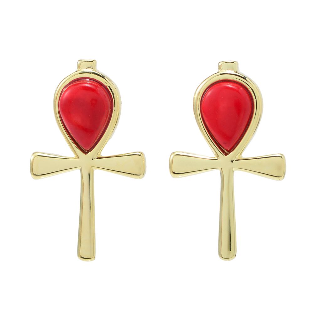 Passport to Egypt 18K Gold Plated 7x5mm Red Coral Ankh Cross Drop Earrings