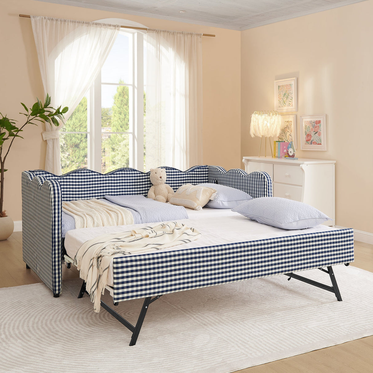 Cozy Gingham Daybed with Trundle Twin Size Sofa Bed