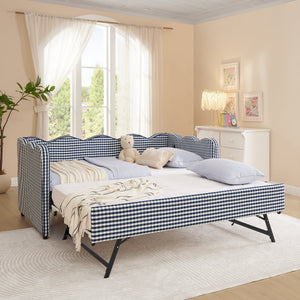 Cozy Gingham Daybed with Trundle Twin Size Sofa Bed