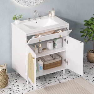 Modern Bathroom Vanity with Ceramic Sink and Adjustable Shelf - Dark Brown or White
