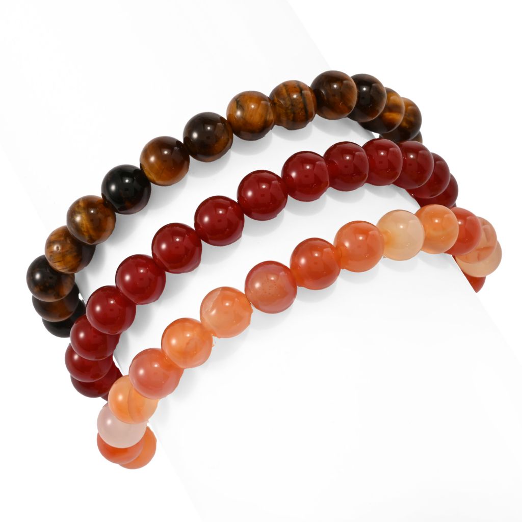 Set of 3 Hand Strung 8mm Gemstone Bead Stretch Bracelets