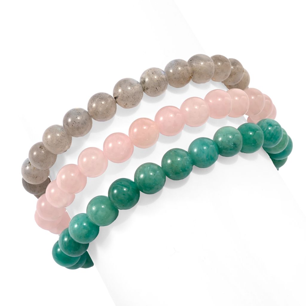 Set of 3 Hand Strung 8mm Gemstone Bead Stretch Bracelets