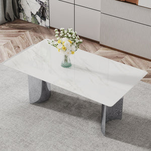 Modern Minimalist Dining Table With Imitation Marble Glass Desktop And Metal Legs