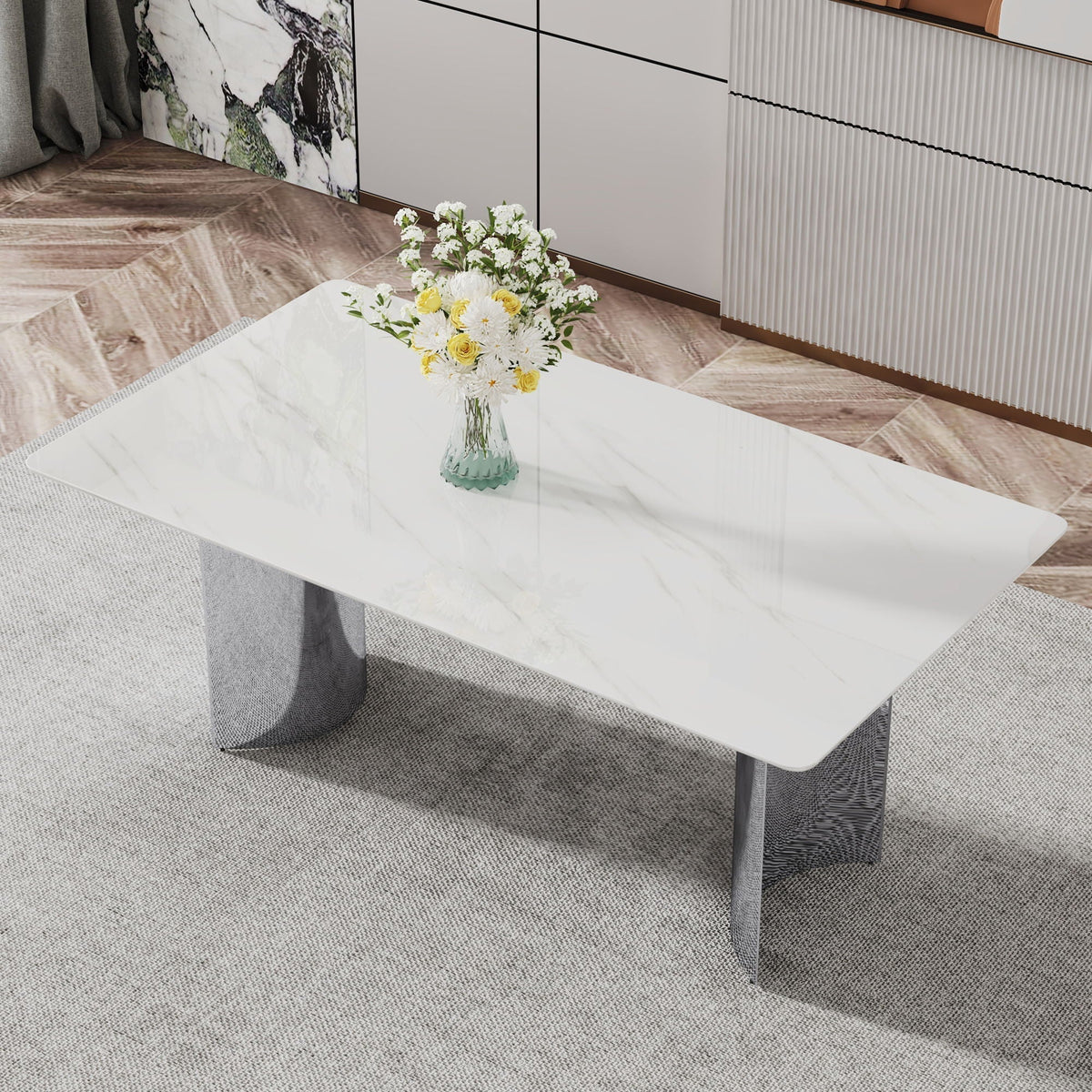 Modern Minimalist Dining Table With Marble Glass Top