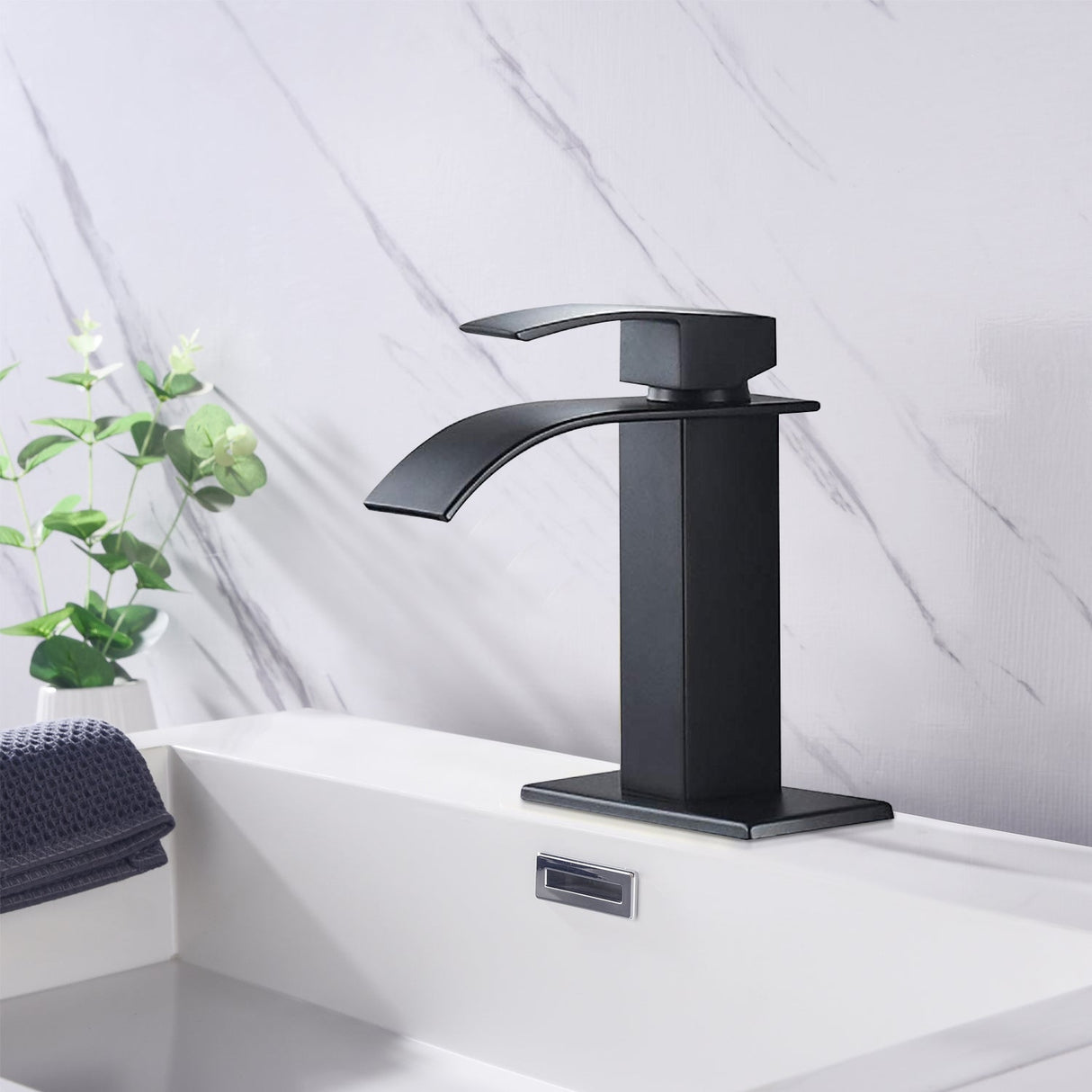 Waterfall Spout Bathroom Sink Single Handle Faucet with Pop-Up Drain