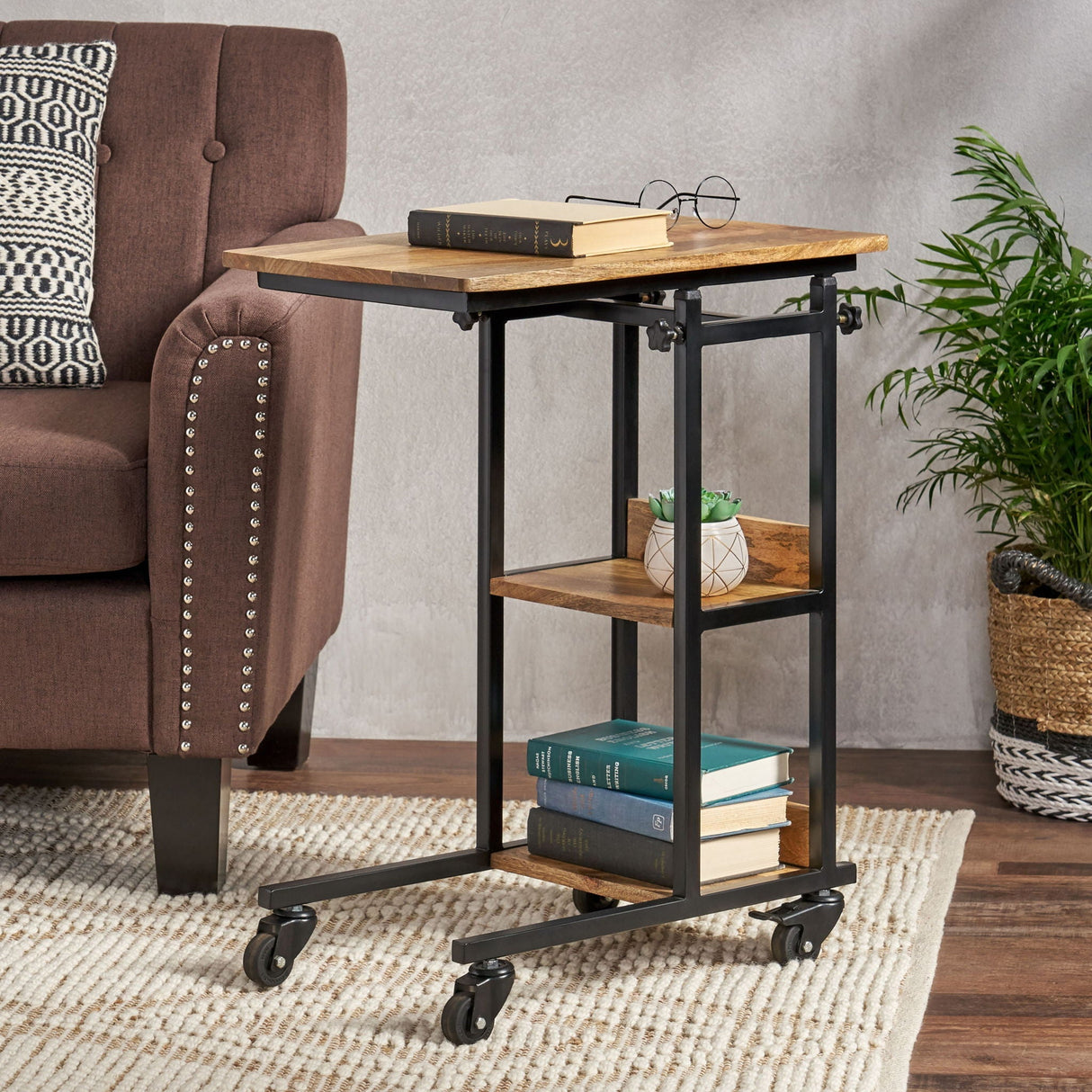 Modern Industrial Bed Laptop Table with C-Shape Design and Adjustable Height - Natural