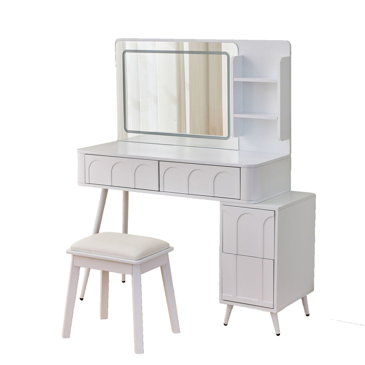 Modern Makeup Vanity Desk with LED Lights and 4 Drawers - White