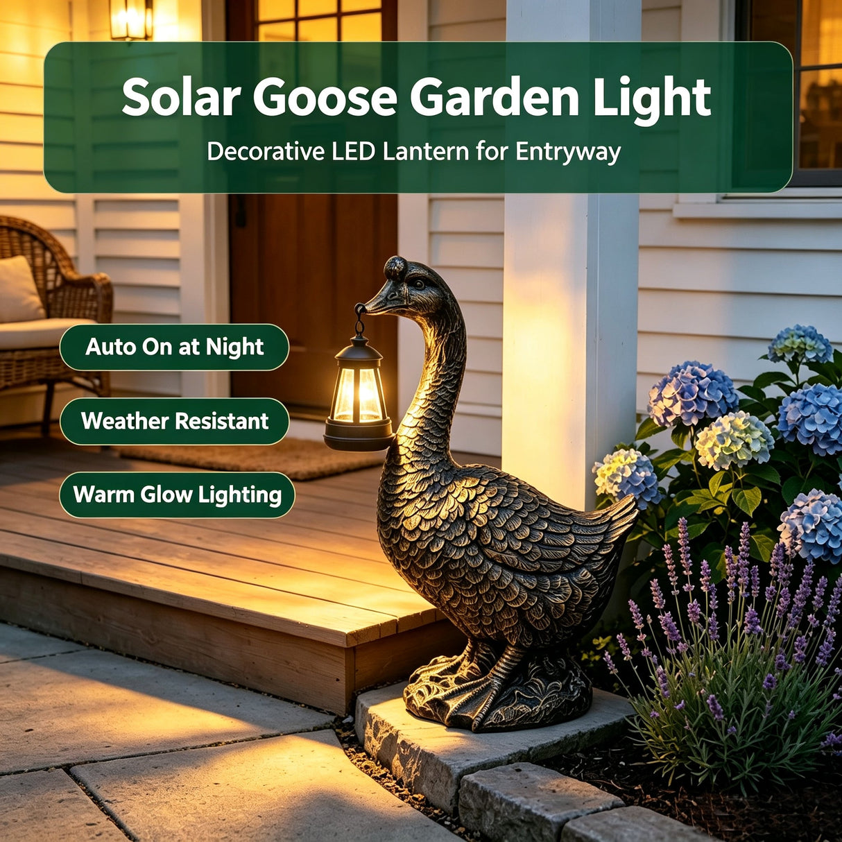 21'' Antique Bronze Goose Statue With Solar Lantern