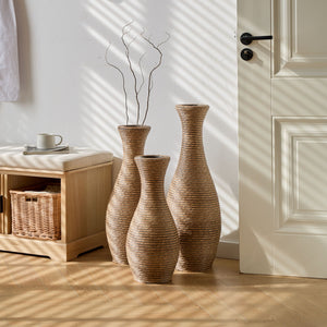 3 Piece Artificial Rattan Floor Vase Set Decorative Accent For Living Room, Hallway & Entryway, Ideal For Dried Or Silk Flower Arrangements - Beige