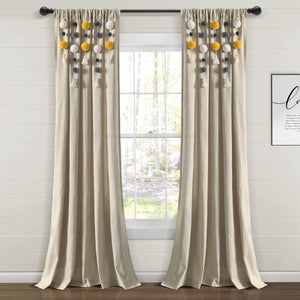 Boho Pom Pom Tassel Faux Linen Window Curtain Panel