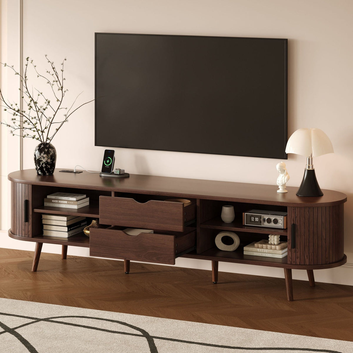 TV Stand For 70" TV, Console With Tambour Doors, Drawers And Built In Power Outlet - Dark Brown