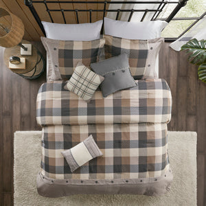 Herringbone Comforter Set with Buffalo Plaid - King, Neutral, 7 Piece