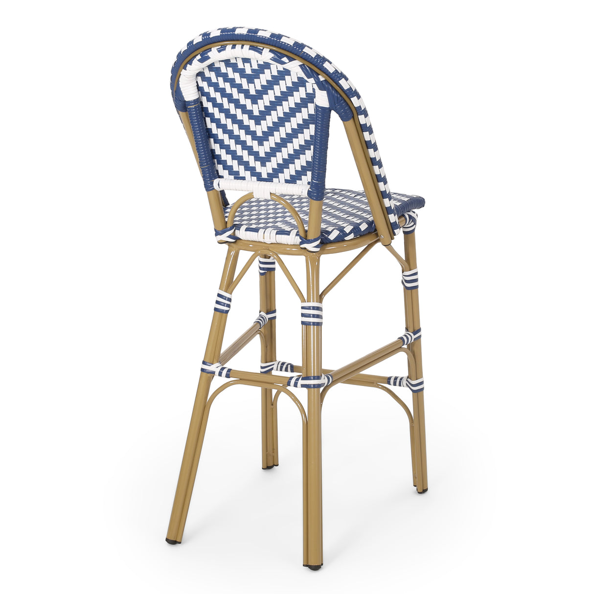 29.5" outdoor pe rattan french barstool, navy blue and white, aluminum frame with bamboo finish (set of 2)