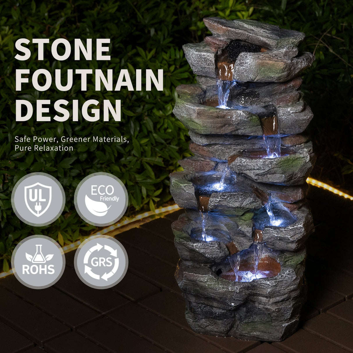 Rock Waterfall Outdoor Fountain with LED Lights