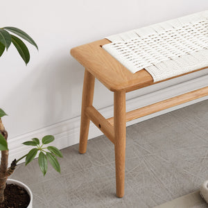 Design Natural Oak Wood Dining Bench with Handwoven Cane Seat in White