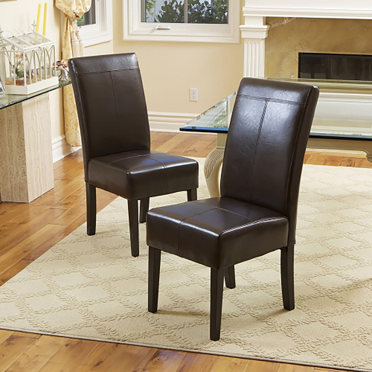Bonded Leather Upholstered Dining Chair with Solid Wood Legs (Set of 2) - Chocolate