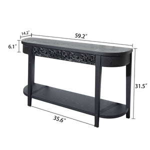 59.2in Black Carved Wooden Console Table with Lower Storage Shelf  Tow Drawers– Elegant Decorative Accent for Entryway, Living Room, and Hallway