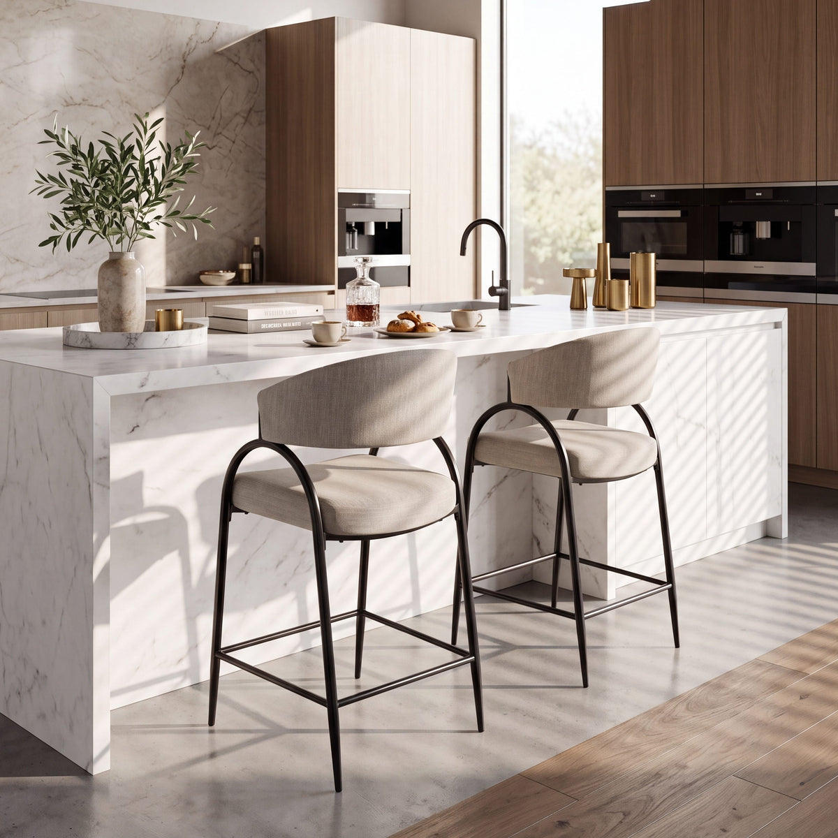 25'' Seat Height Modern Fabric Bar Stools with Back