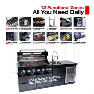 6 Burner 85, 000 Btu Outdoor Kitchen Island Grill With Wine Cooler Refrigerator, Rotisserie Kit, Granite Countertops & Sink - Black