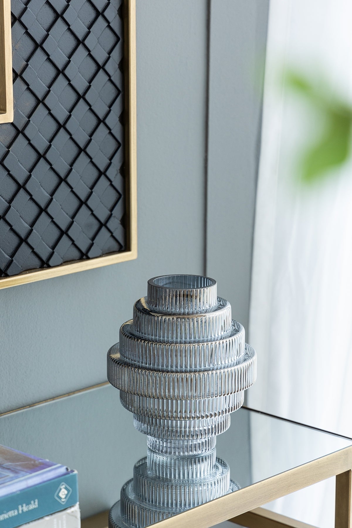 D5.9x6.7' Multi-Tiered Geometric Vase with Smoked Blue Finish, Set of 2