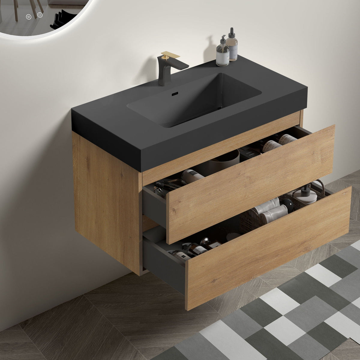 Alice - Natural Oak Bathroom Vanity With Sink, Large Storage Wall Mounted Floating Bathroom Vanity For Modern Bathroom, One-Piece Sink Basin Without Drain