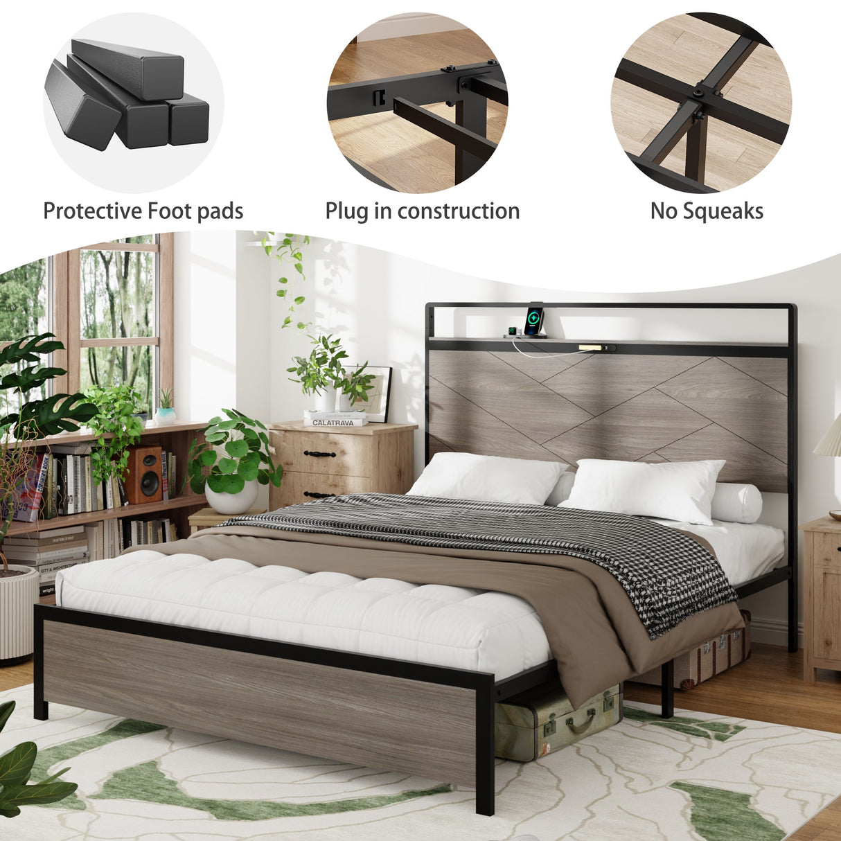 Antique Full Size Wooden Platform Bed Frame with LED Light Headboard