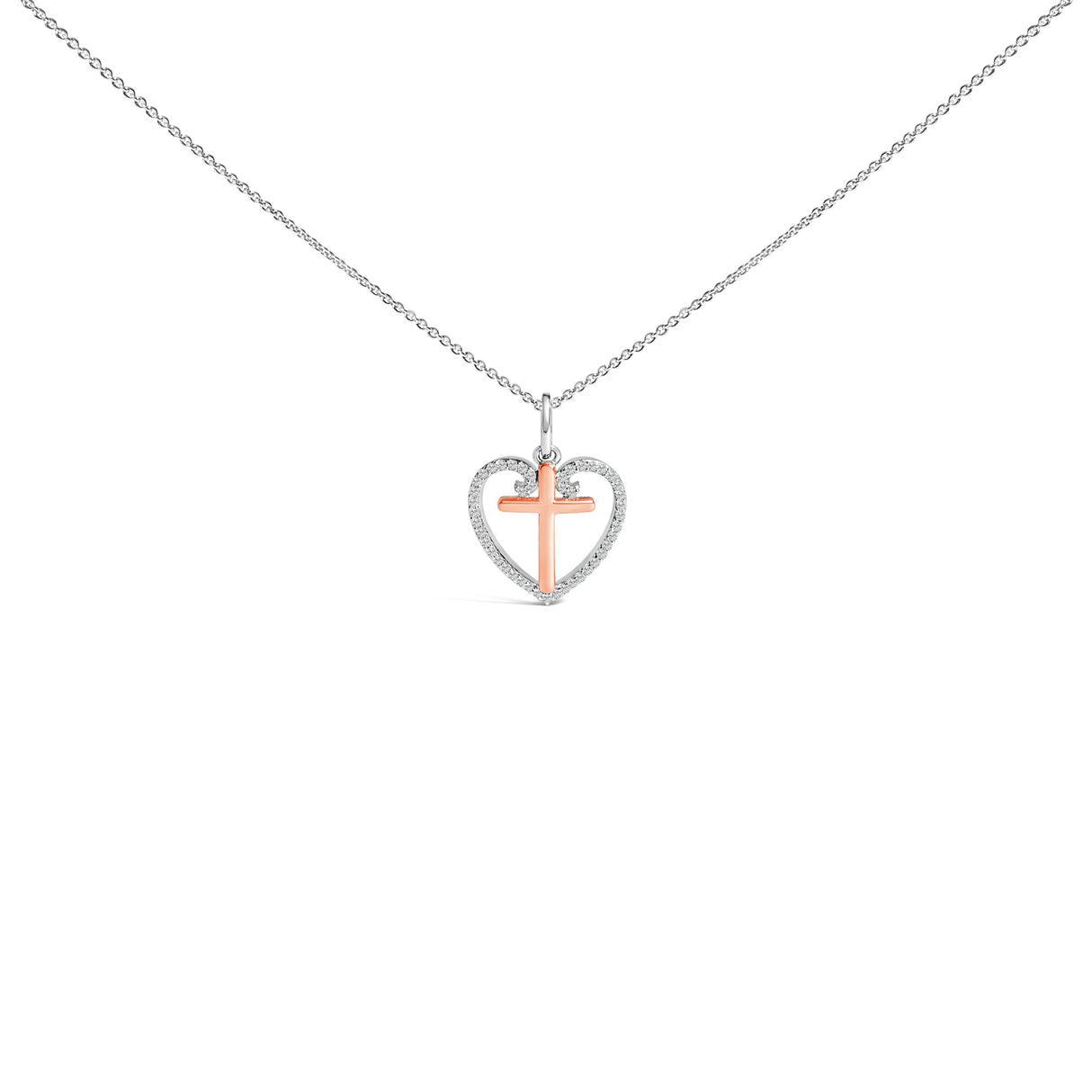 14K Rose Gold Plated Sterling Silver 1/5 Cttw Diamond Heart Cross Pendant Necklace