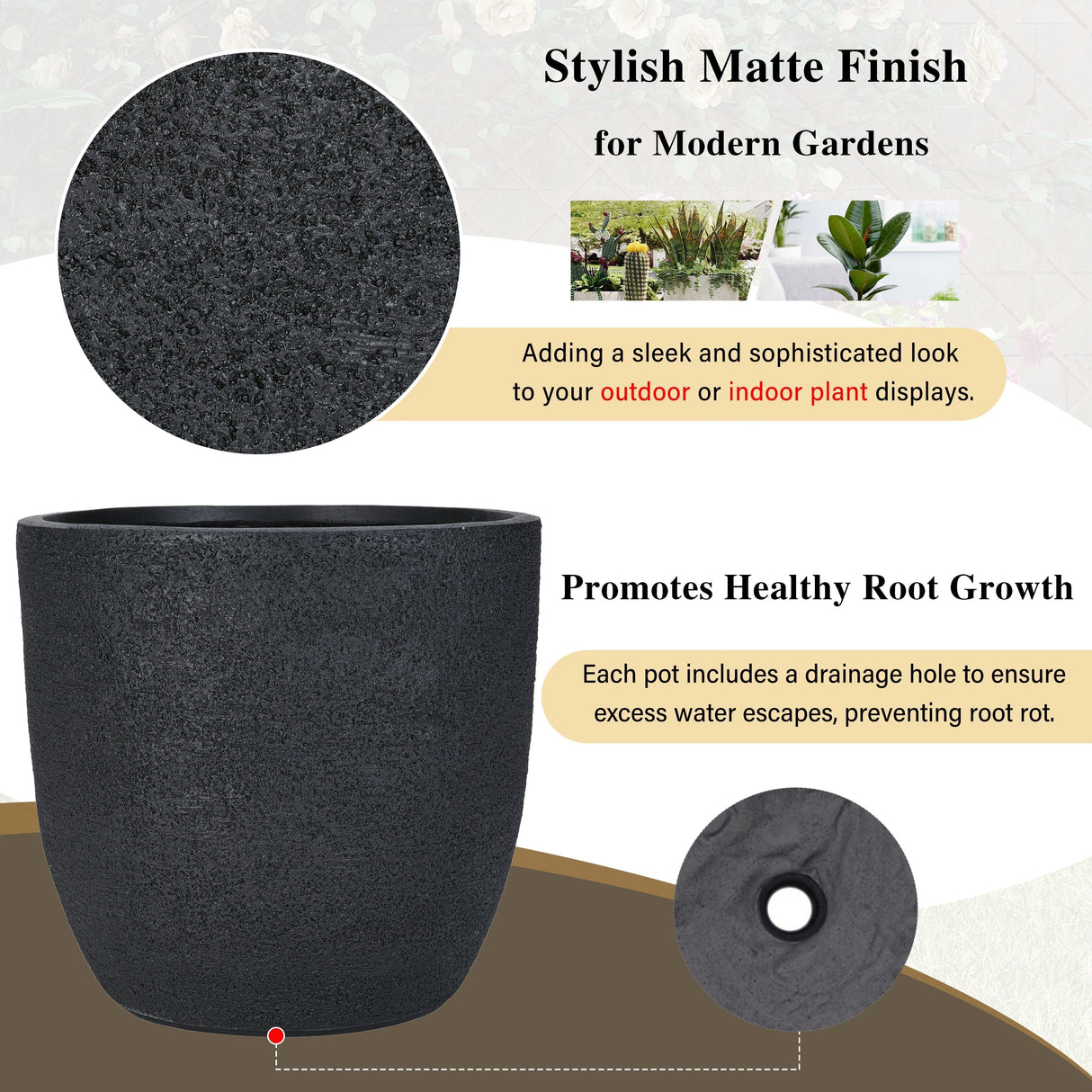 U_Style Lightweight Matte Textured MGO Flower Pot Set of 3