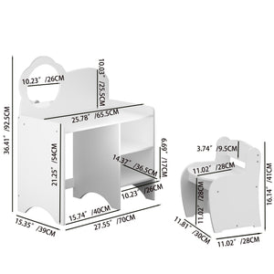 Kids Vanity Table with Mirror and Chair with Storage Shelves - White