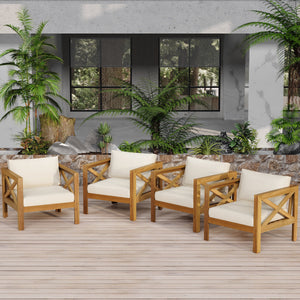 Outdoor Acacia Wood Club Armchair with Cushions (Set of 4)