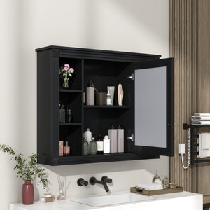 Wall-Mounted Bathroom Storage Cabinet with Mirror and 6 Open Shelves - Black