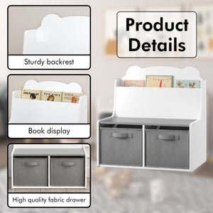 Bookshelf With Storage Bins, Bookcase With Book Display Shelf And 2 Bins, Cute Bear Shaped Backboard, Toy Organizer - White