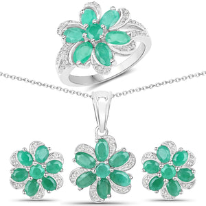 7.84 Carat Genuine Emerald and White Topaz .925 Sterling Silver 3 Piece Jewelry Set (Ring, Earrings, and Pendant w/ Chain)