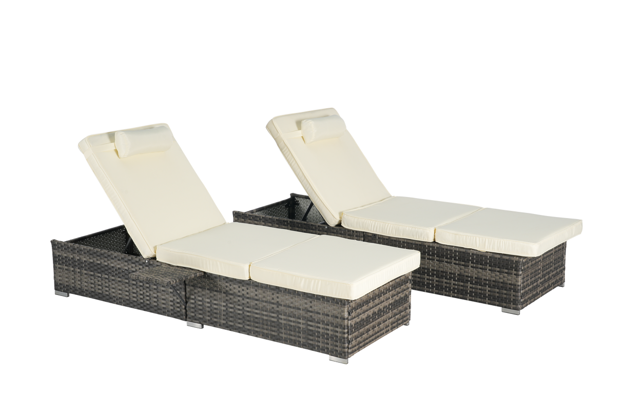 Outdoor Chaise Lounge Chair Set of 2 with Storage Patio Pool Chairs Tanning Lounges for Outside,Beach Rattan Recliners with Adjustable Backrest, Table, Cushion for Poolside Backyard Garden
