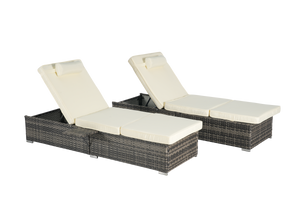 Outdoor Chaise Lounge Chair Set of 2 with Storage Patio Pool Chairs Tanning Lounges for Outside,Beach Rattan Recliners with Adjustable Backrest, Table, Cushion for Poolside Backyard Garden