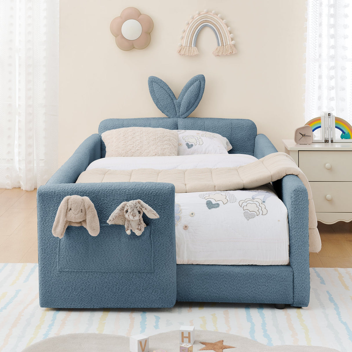 Twin Size Upholstered Platform Bed with Cute Rabbit Ear Shaped Headboard, with Safety Rail and Pocket, Boucle Fabric