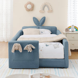 Twin Size Upholstered Platform Bed with Cute Rabbit Ear Shaped Headboard, with Safety Rail and Pocket, Boucle Fabric