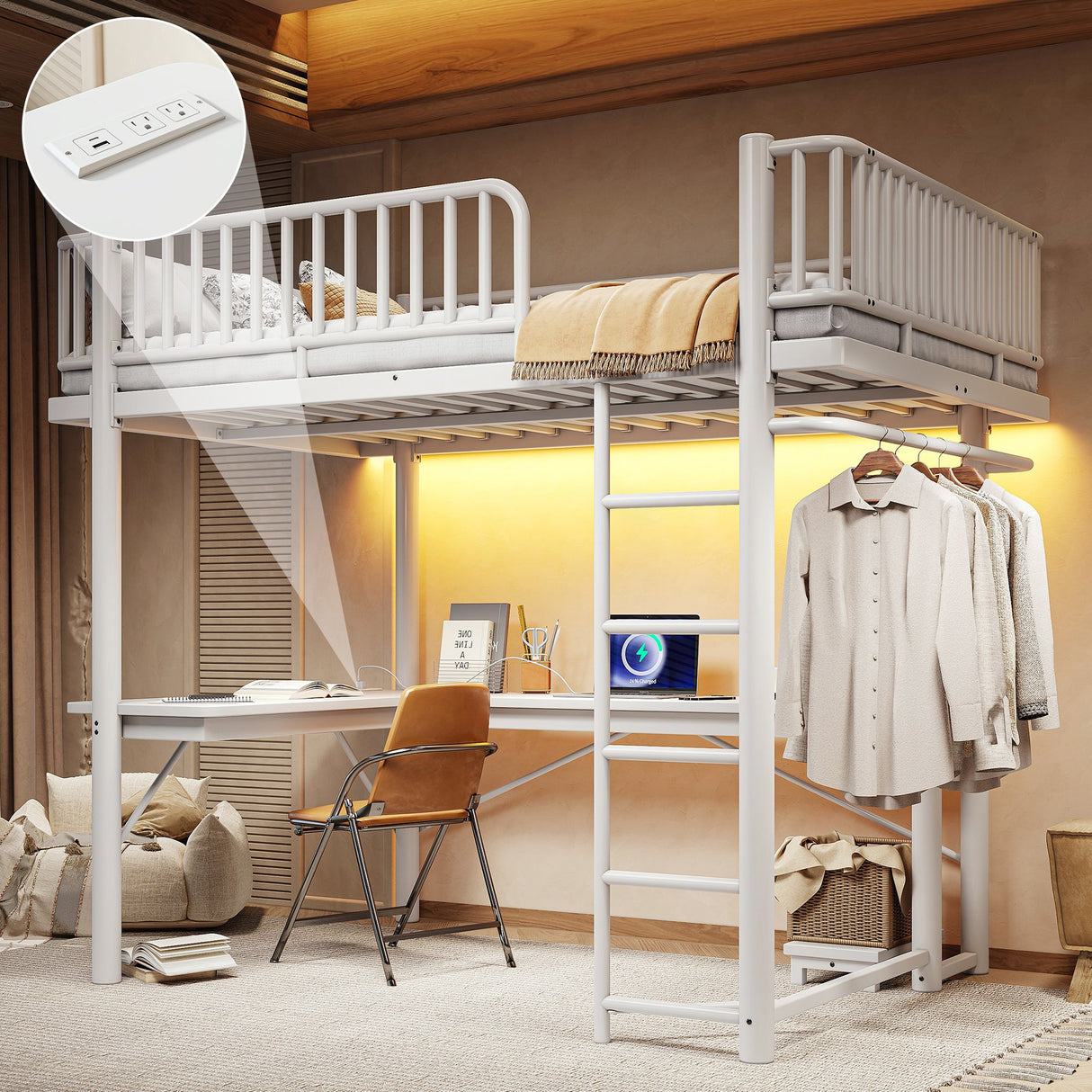 Full Loft Bed with L-Shaped Desk and LED Light Strip